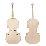 Front and back view of a hand-carved unfinished violin in the white, featuring a spruce top and two-piece maple back. Factory direct wholesale supply for luthiers.