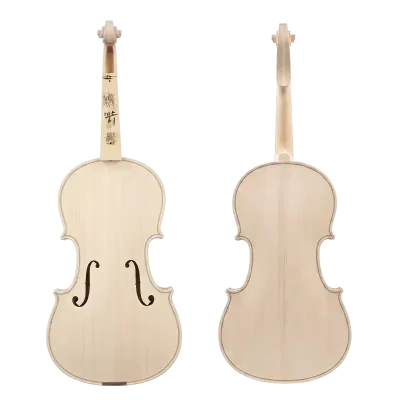 Front and back view of a hand-carved unfinished violin in the white, featuring a spruce top and two-piece maple back. Factory direct wholesale supply for luthiers.