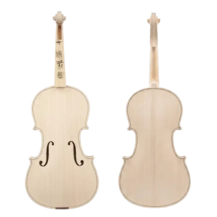 Front and back view of a hand-carved unfinished violin in the white, featuring a spruce top and two-piece maple back. Factory direct wholesale supply for luthiers.