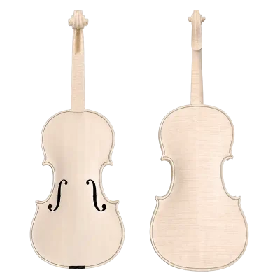 Unfinished white violin LVW03 with front and back views showing natural wood grain before varnishing for wholesale violin orders