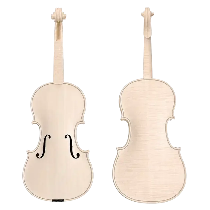 Unfinished white violin LVW03 with front and back views showing natural wood grain before varnishing for wholesale violin orders
